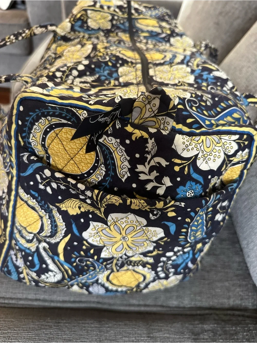 Quilted Floral Tote Bag in Navy, Yellow & Teal